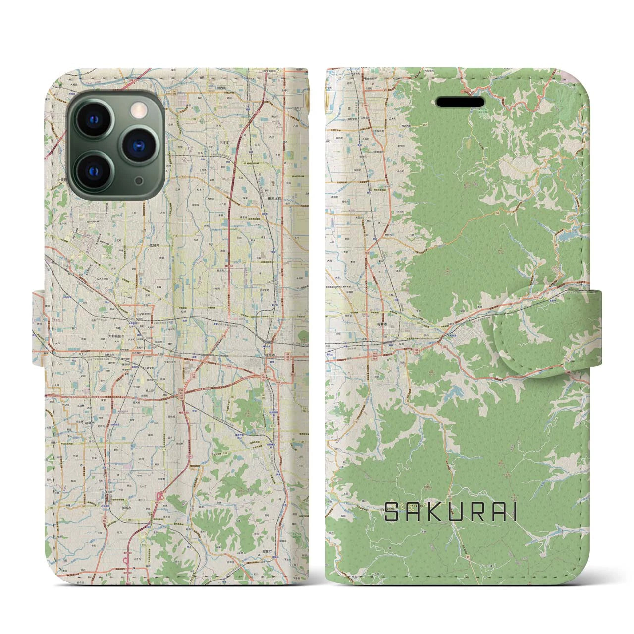 【桜井(奈良県)】地図柄iPhoneケース(手帳タイプ)ナチュラル・iPhone 11 Pro 用