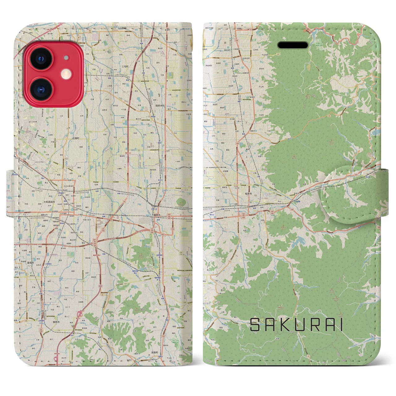 【桜井(奈良県)】地図柄iPhoneケース(手帳タイプ)ナチュラル・iPhone 11 用