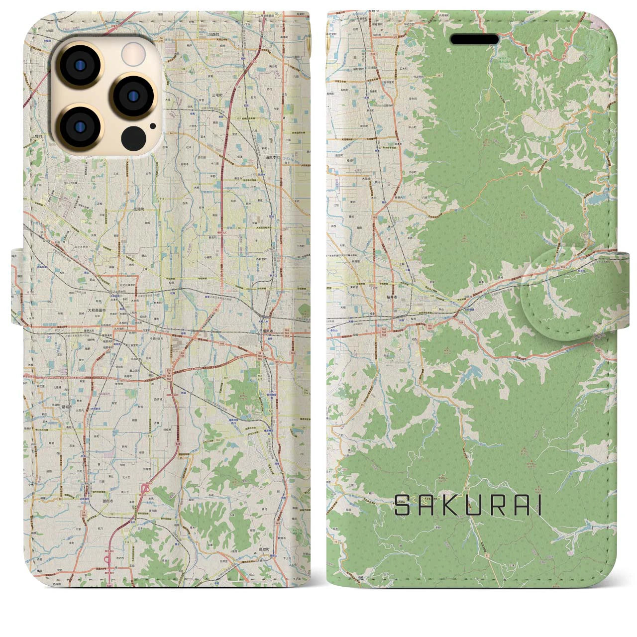 【桜井(奈良県)】地図柄iPhoneケース(手帳タイプ)ナチュラル・iPhone 12 Pro Max 用