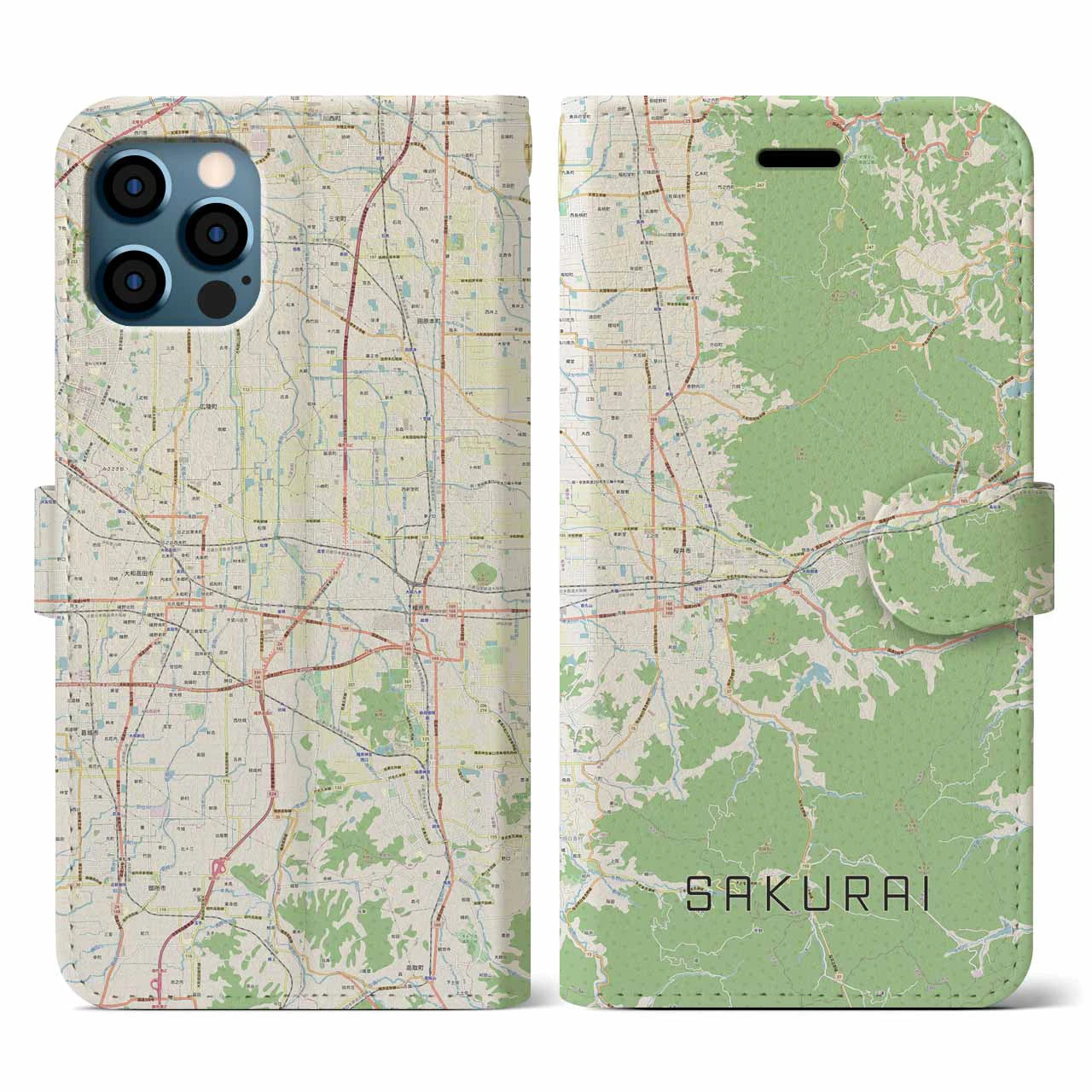 【桜井(奈良県)】地図柄iPhoneケース(手帳タイプ)ナチュラル・iPhone 12 / 12 Pro 用