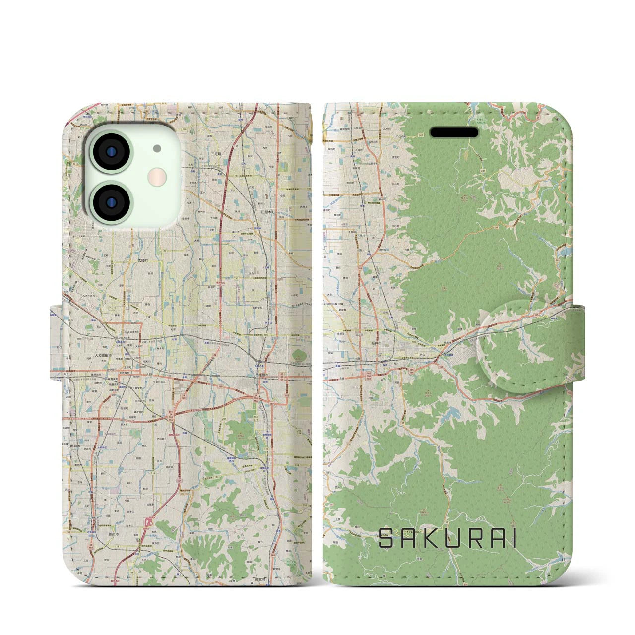 【桜井(奈良県)】地図柄iPhoneケース(手帳タイプ)ナチュラル・iPhone 12 mini 用