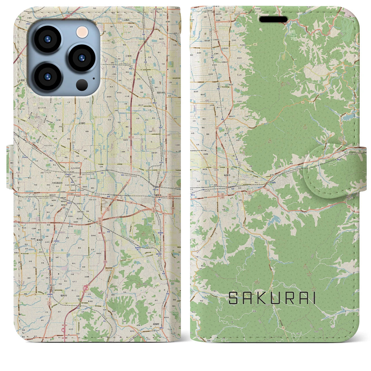 【桜井(奈良県)】地図柄iPhoneケース(手帳タイプ)ナチュラル・iPhone 13 Pro Max 用