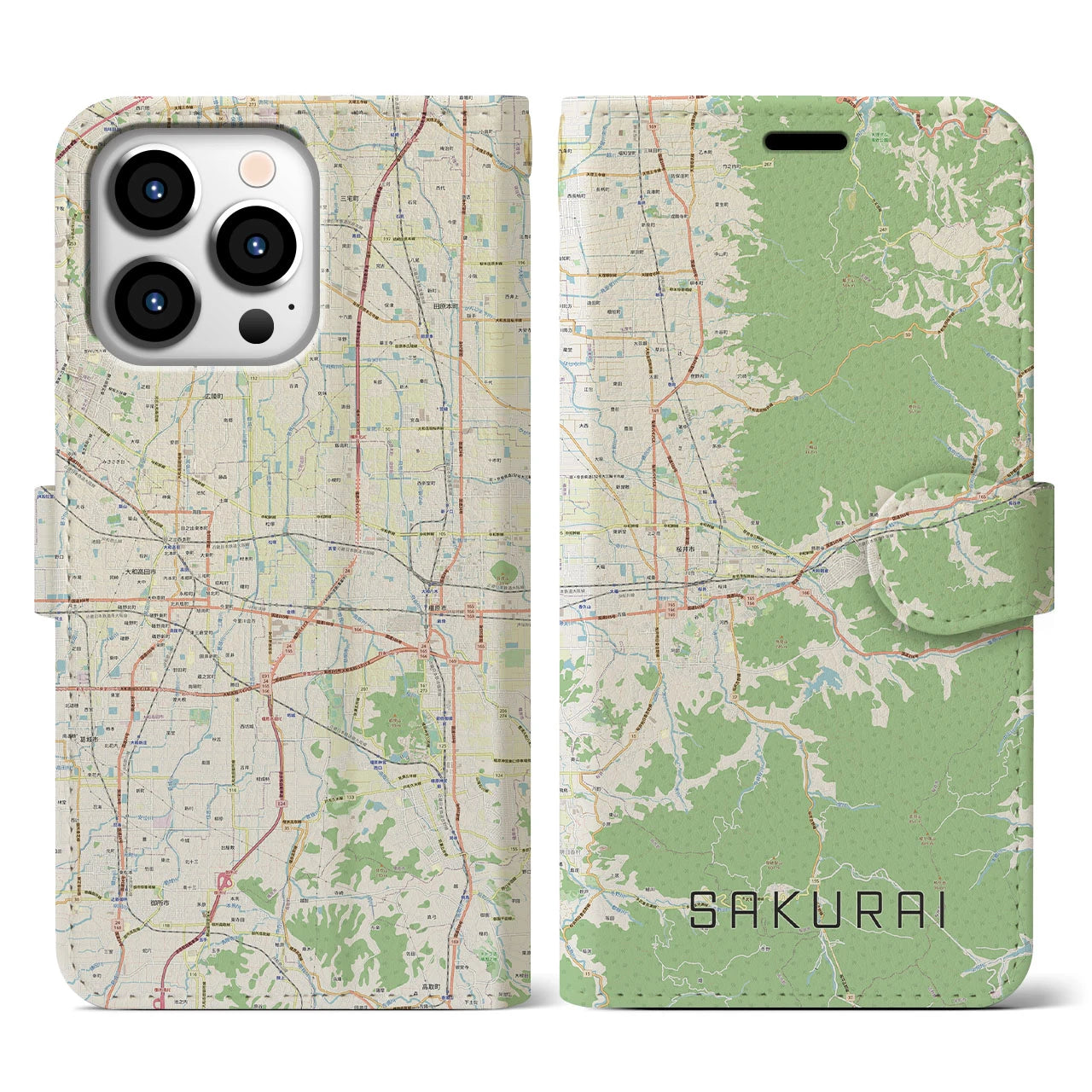 【桜井(奈良県)】地図柄iPhoneケース(手帳タイプ)ナチュラル・iPhone 13 Pro 用