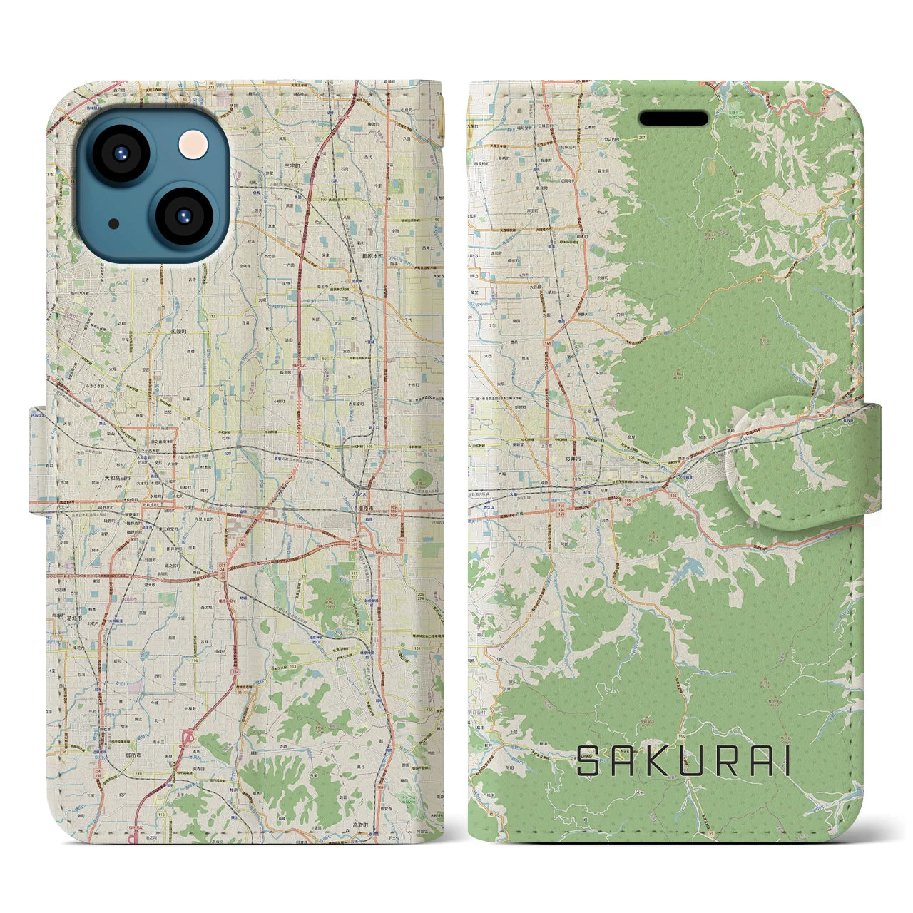 【桜井(奈良県)】地図柄iPhoneケース(手帳タイプ)ナチュラル・iPhone 13 用