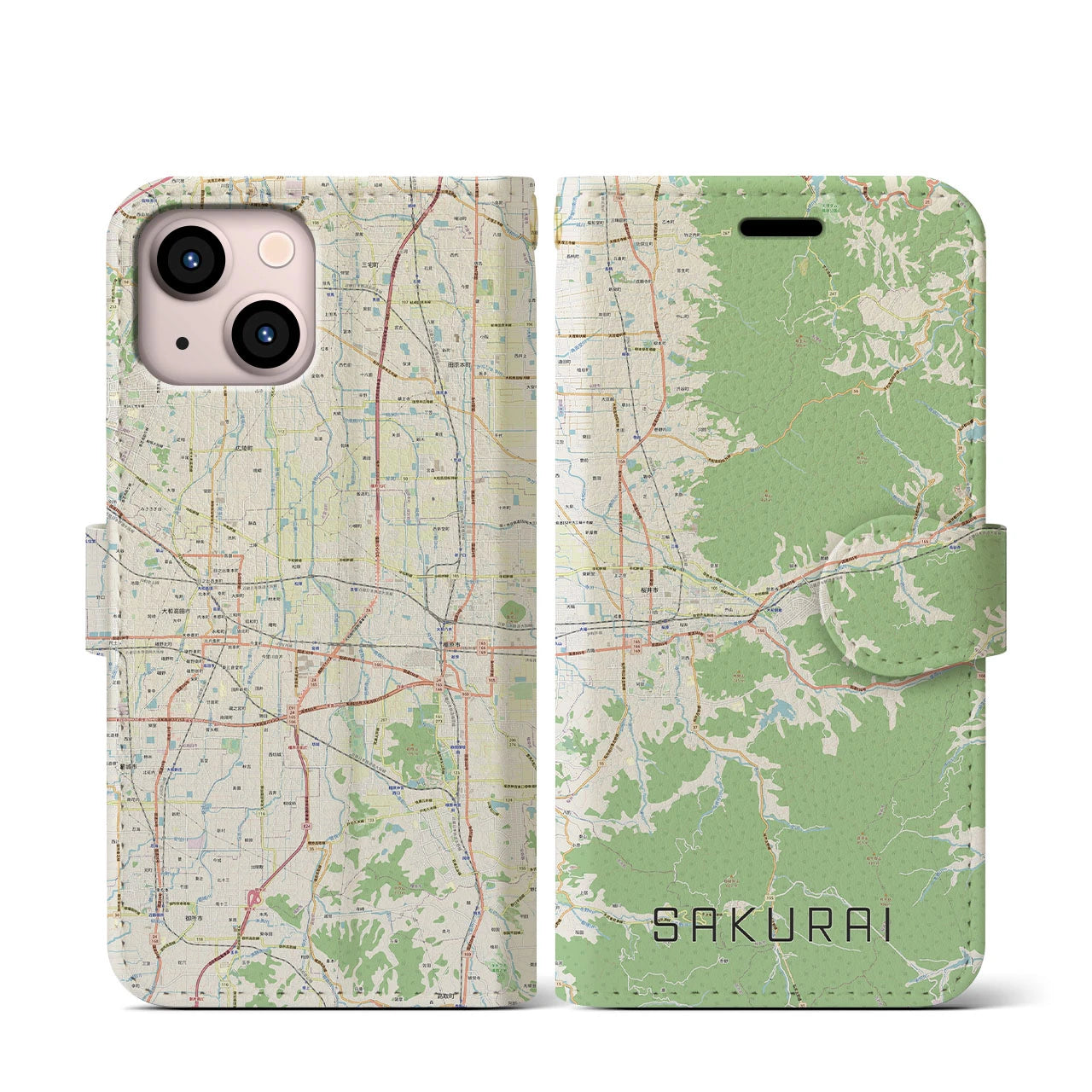 【桜井(奈良県)】地図柄iPhoneケース(手帳タイプ)ナチュラル・iPhone 13 mini 用