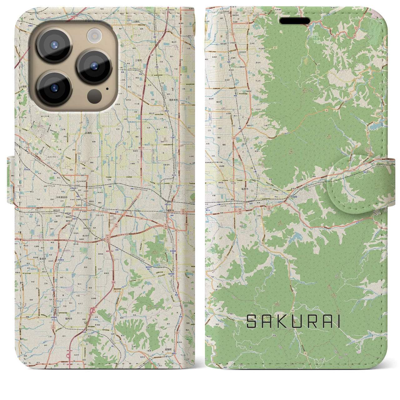 【桜井(奈良県)】地図柄iPhoneケース(手帳タイプ)ナチュラル・iPhone 14 Pro Max 用