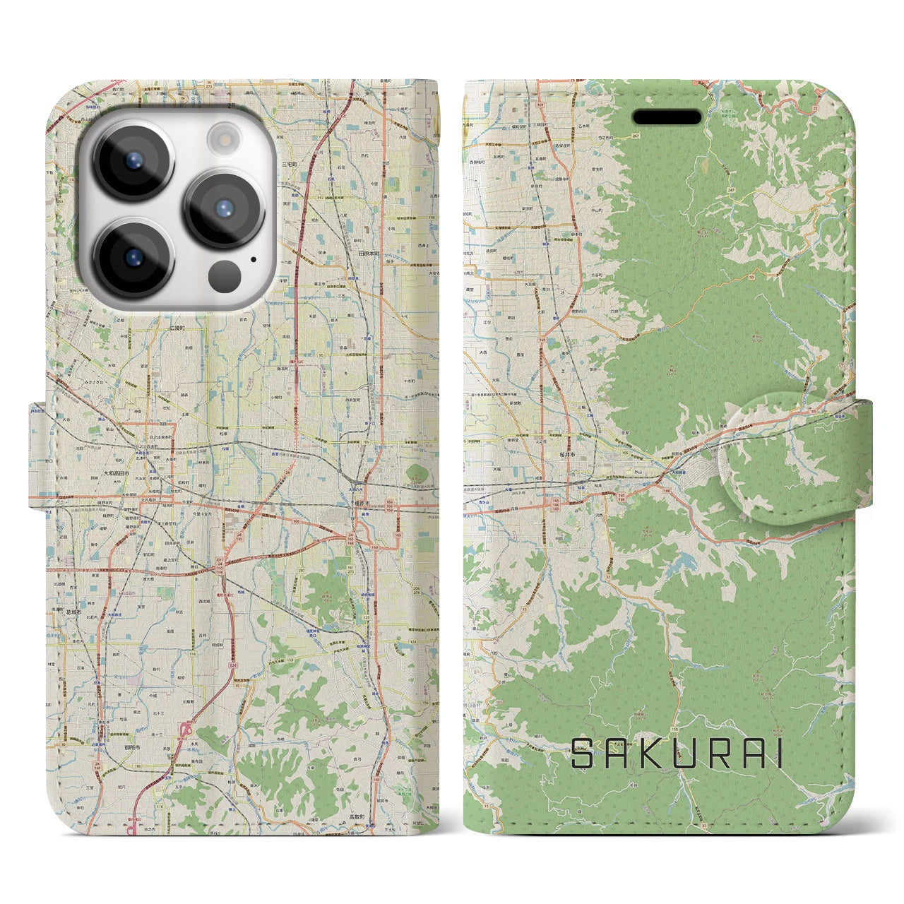 【桜井(奈良県)】地図柄iPhoneケース(手帳タイプ)ナチュラル・iPhone 14 Pro 用