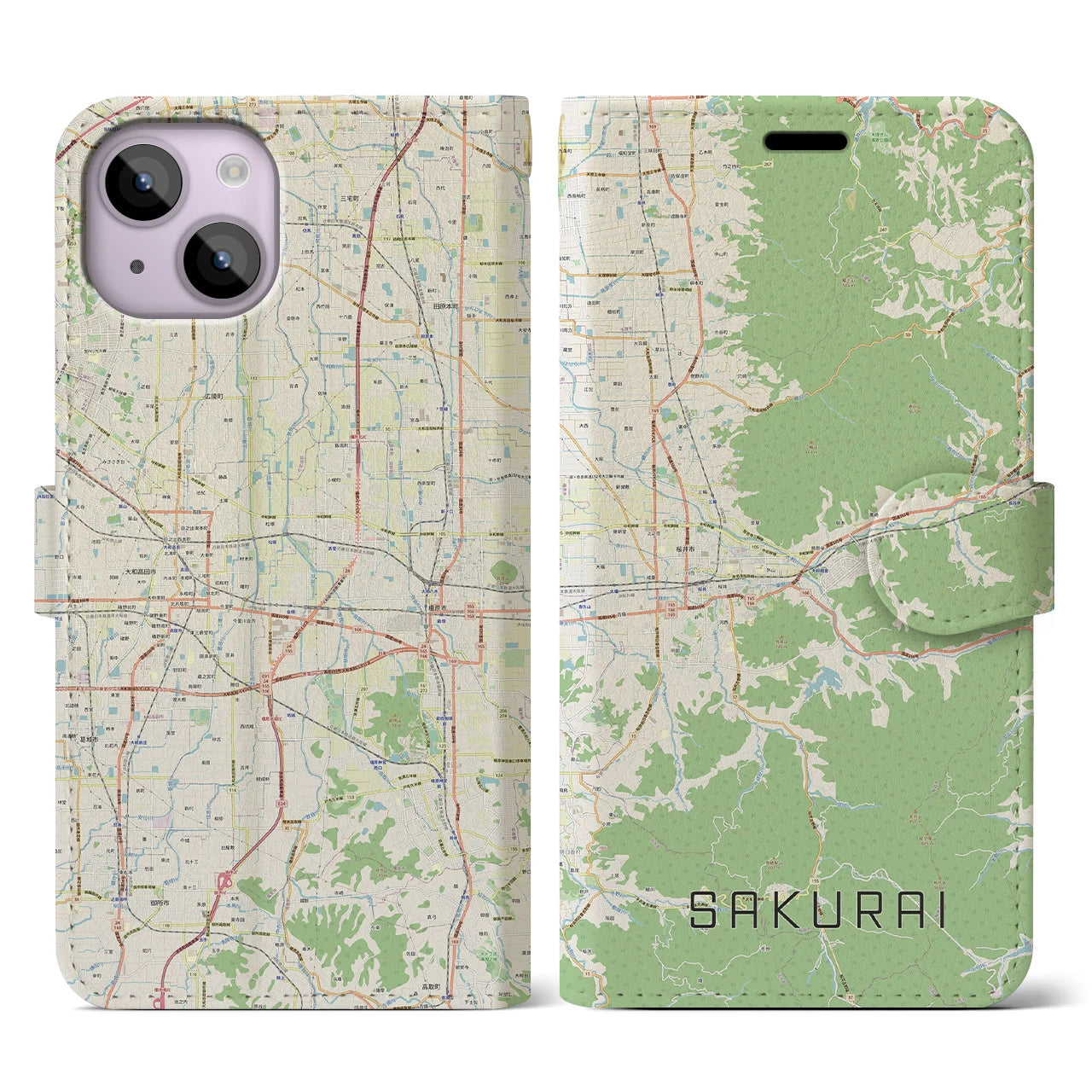 【桜井(奈良県)】地図柄iPhoneケース(手帳タイプ)ナチュラル・iPhone 14 用