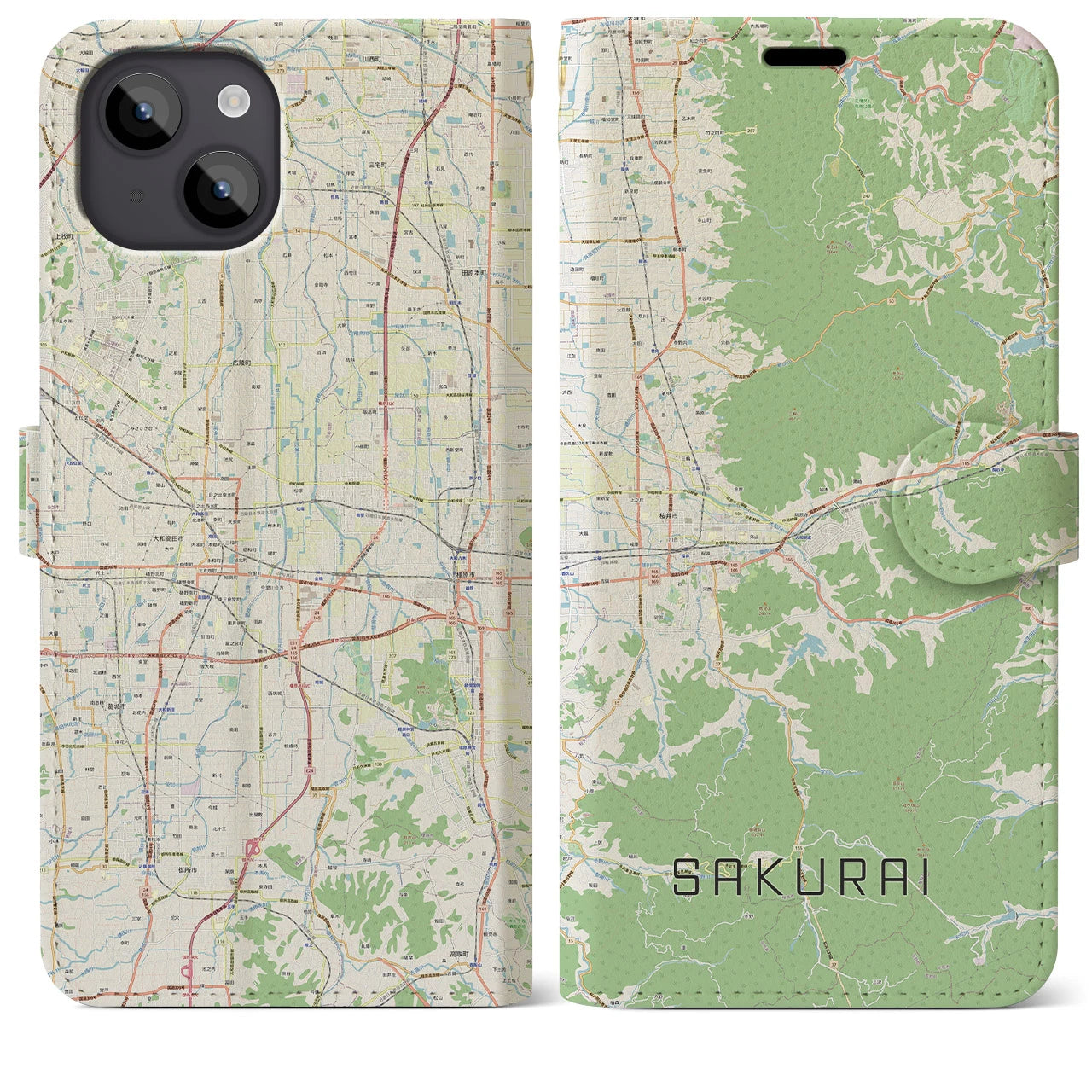 【桜井(奈良県)】地図柄iPhoneケース(手帳タイプ)ナチュラル・iPhone 14 Plus 用