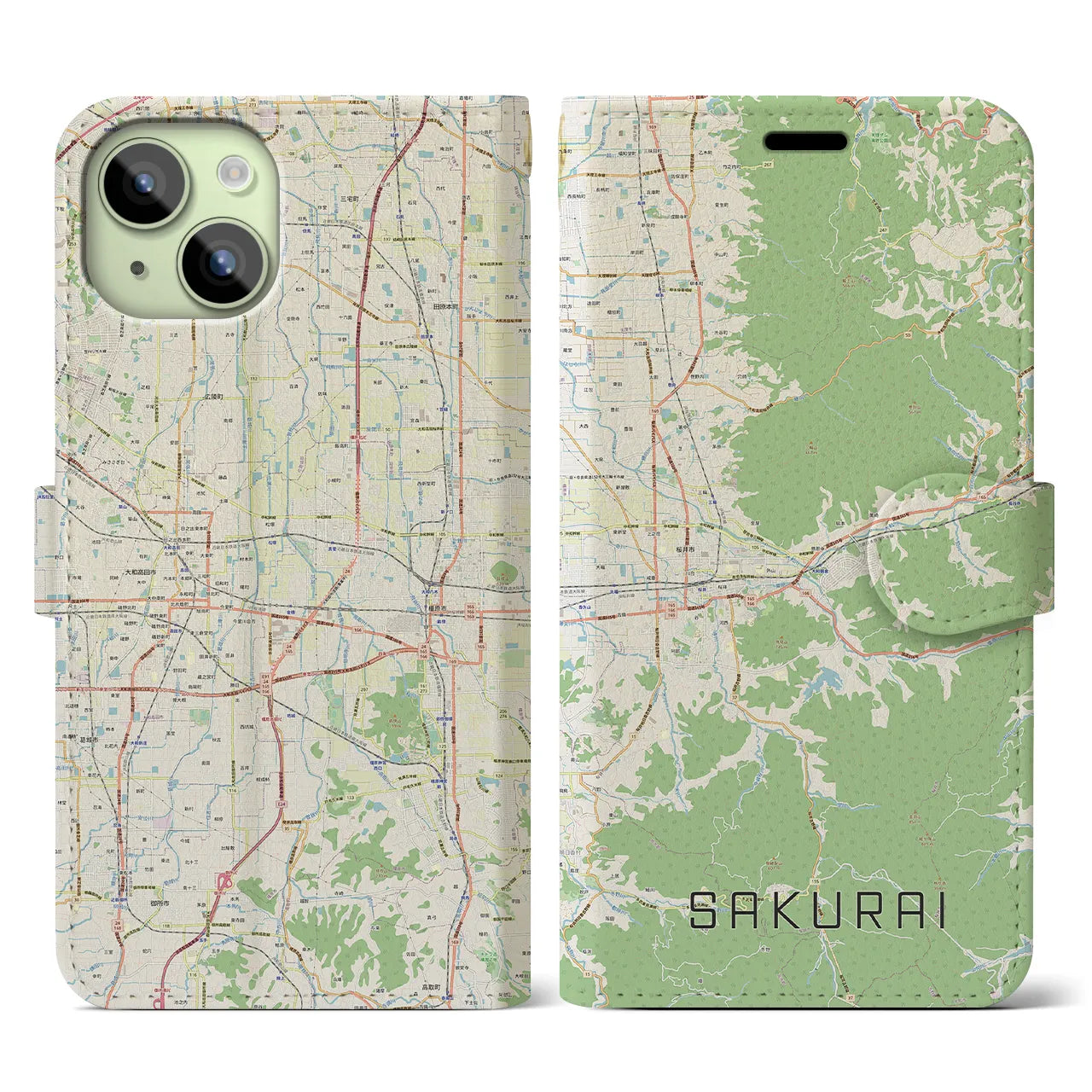 【桜井(奈良県)】地図柄iPhoneケース(手帳タイプ)ナチュラル・iPhone 15 用