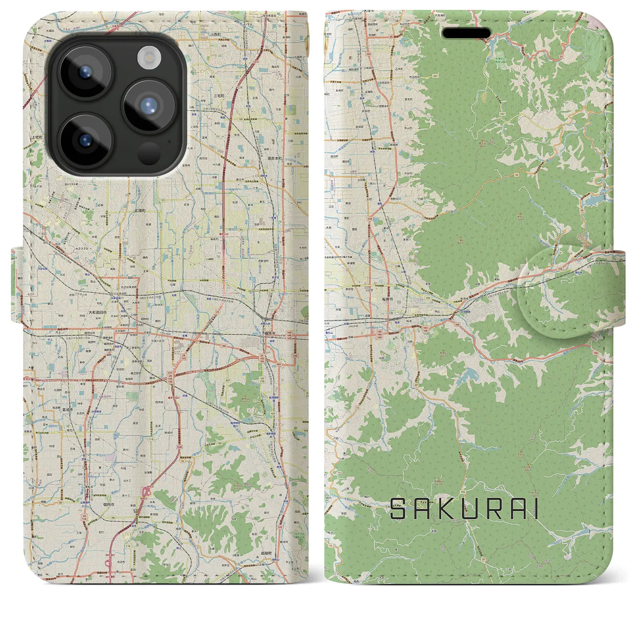 【桜井(奈良県)】地図柄iPhoneケース(手帳タイプ)ナチュラル・iPhone 15 Pro Max 用