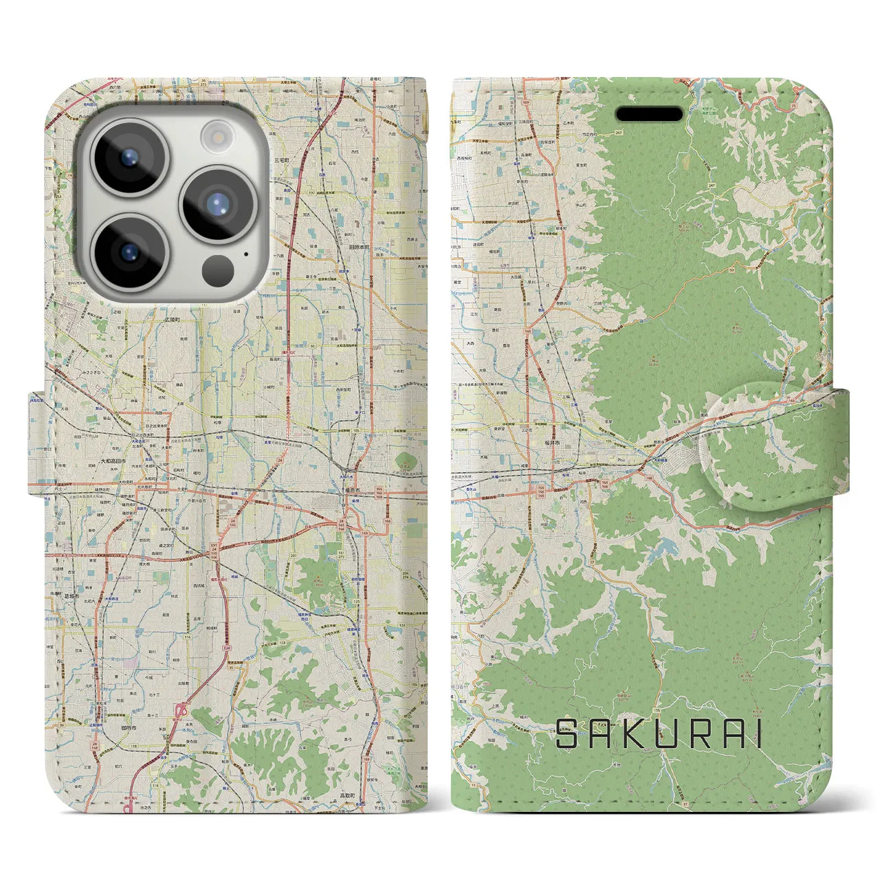 【桜井(奈良県)】地図柄iPhoneケース(手帳タイプ)ナチュラル・iPhone 15 Pro 用