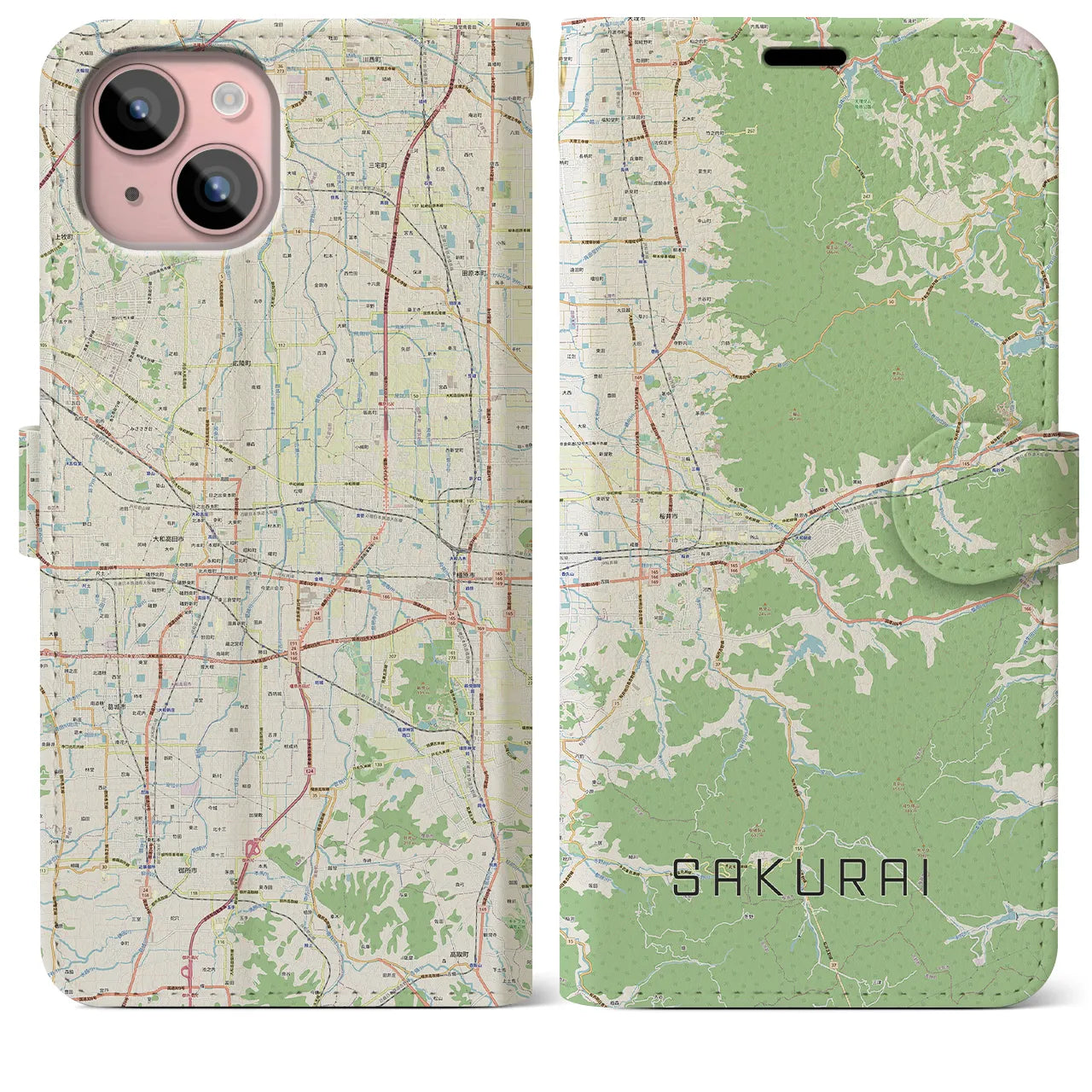 【桜井(奈良県)】地図柄iPhoneケース(手帳タイプ)ナチュラル・iPhone 15 Plus 用
