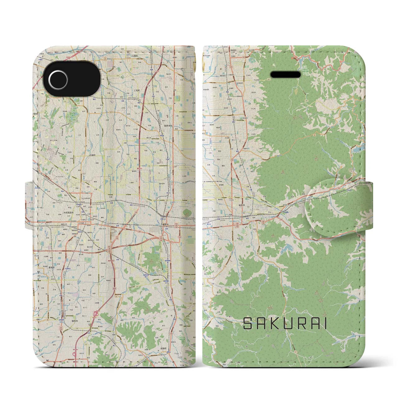 【桜井(奈良県)】地図柄iPhoneケース(手帳タイプ)ナチュラル・iPhone SE(第3 / 第2世代) / 8 / 7 / 6s / 6 用