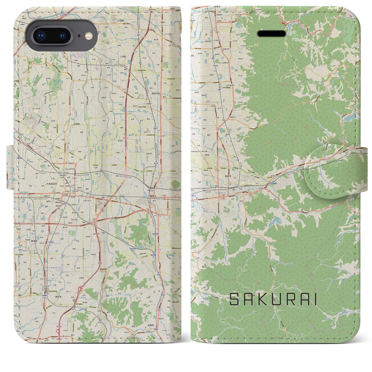【桜井(奈良県)】地図柄iPhoneケース(手帳タイプ)ナチュラル・iPhone 8Plus /7Plus / 6sPlus / 6Plus 用