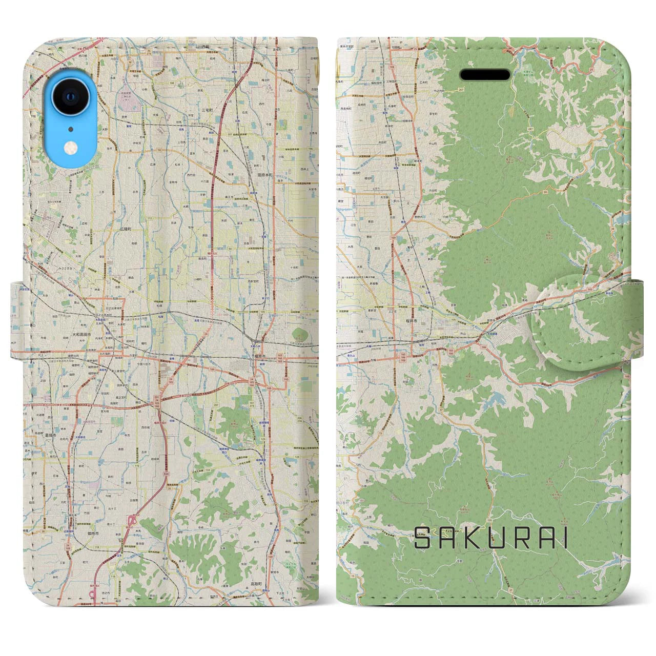 【桜井(奈良県)】地図柄iPhoneケース(手帳タイプ)ナチュラル・iPhone XR 用