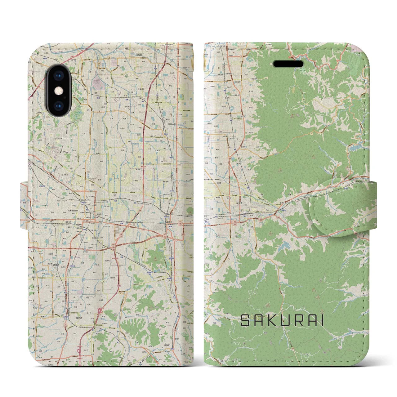【桜井(奈良県)】地図柄iPhoneケース(手帳タイプ)ナチュラル・iPhone XS / X 用