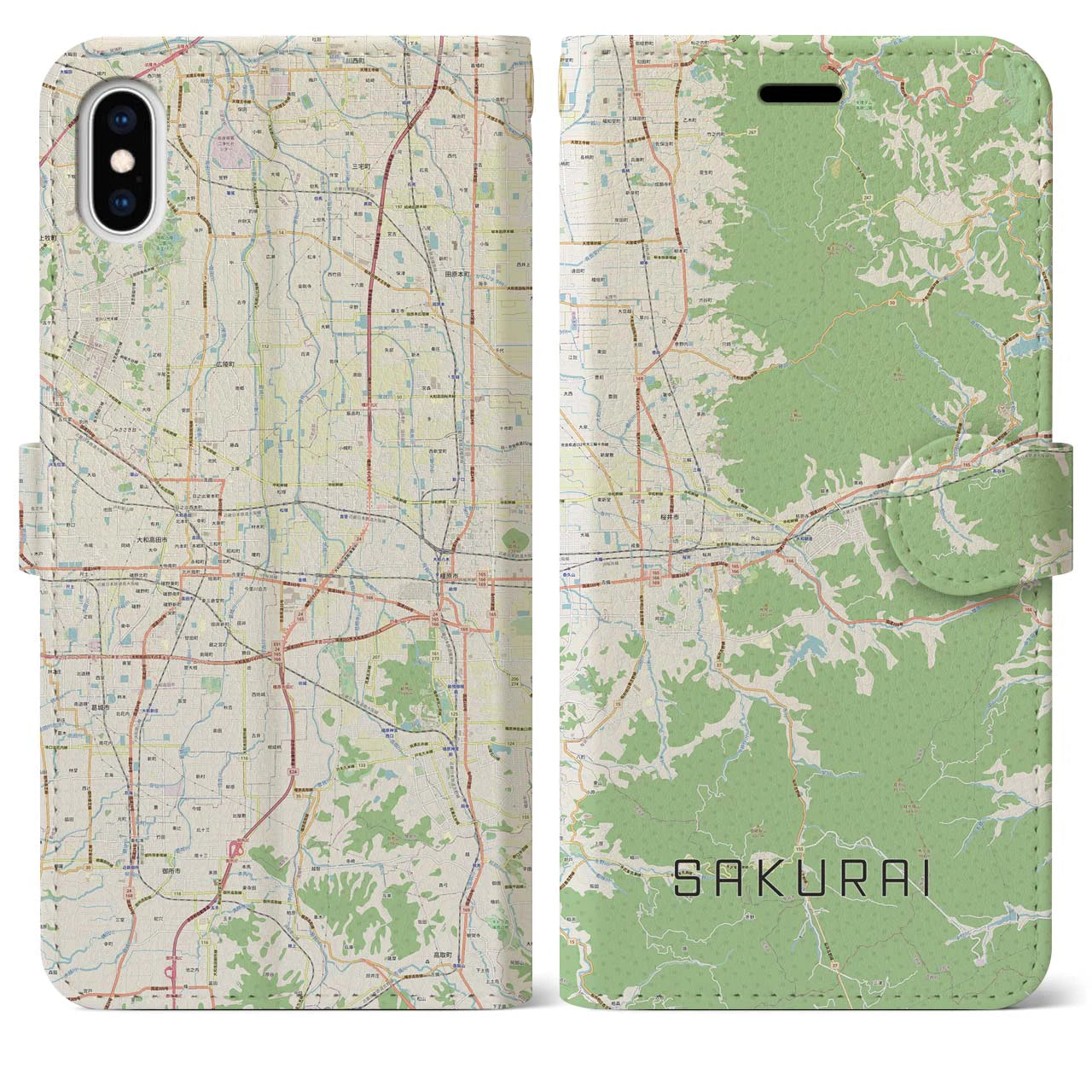 【桜井(奈良県)】地図柄iPhoneケース(手帳タイプ)ナチュラル・iPhone XS Max 用