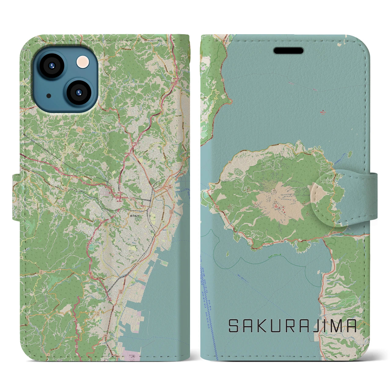【桜島(鹿児島県)】地図柄iPhoneケース(手帳タイプ)ナチュラル・iPhone 13 用