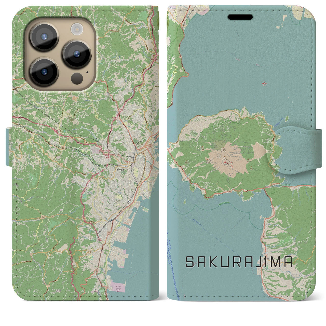 【桜島(鹿児島県)】地図柄iPhoneケース(手帳タイプ)ナチュラル・iPhone 14 Pro Max 用