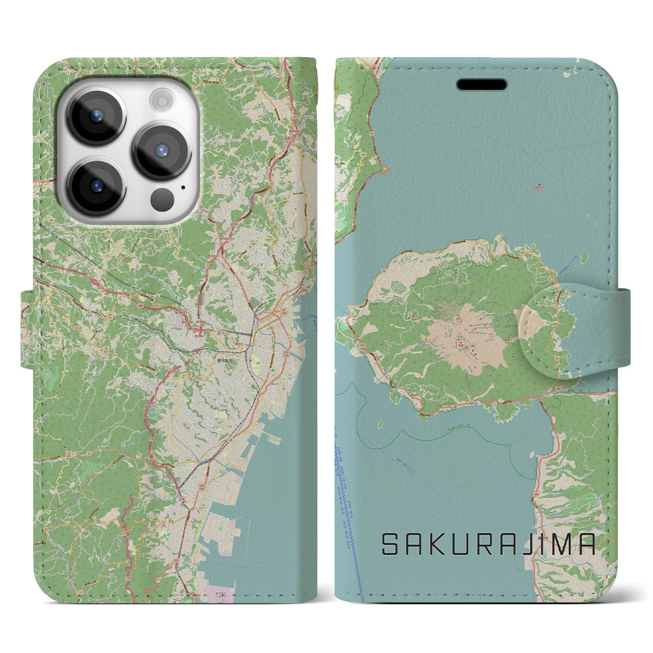 【桜島(鹿児島県)】地図柄iPhoneケース(手帳タイプ)ナチュラル・iPhone 14 Pro 用
