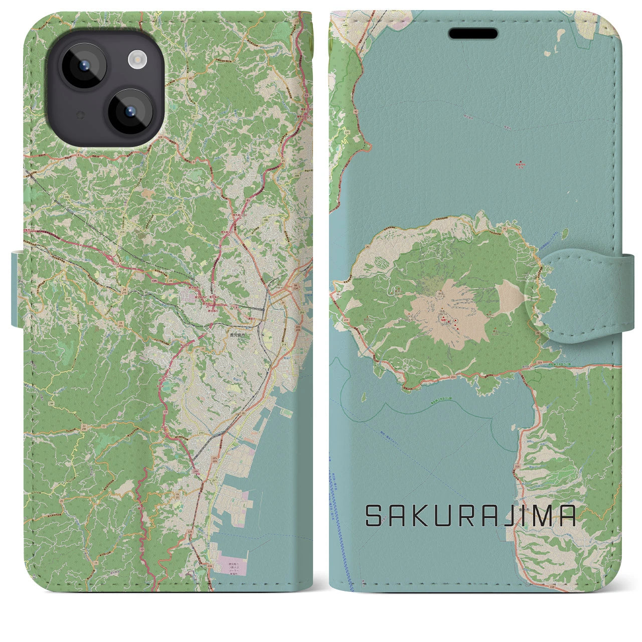 【桜島(鹿児島県)】地図柄iPhoneケース(手帳タイプ)ナチュラル・iPhone 14 Plus 用