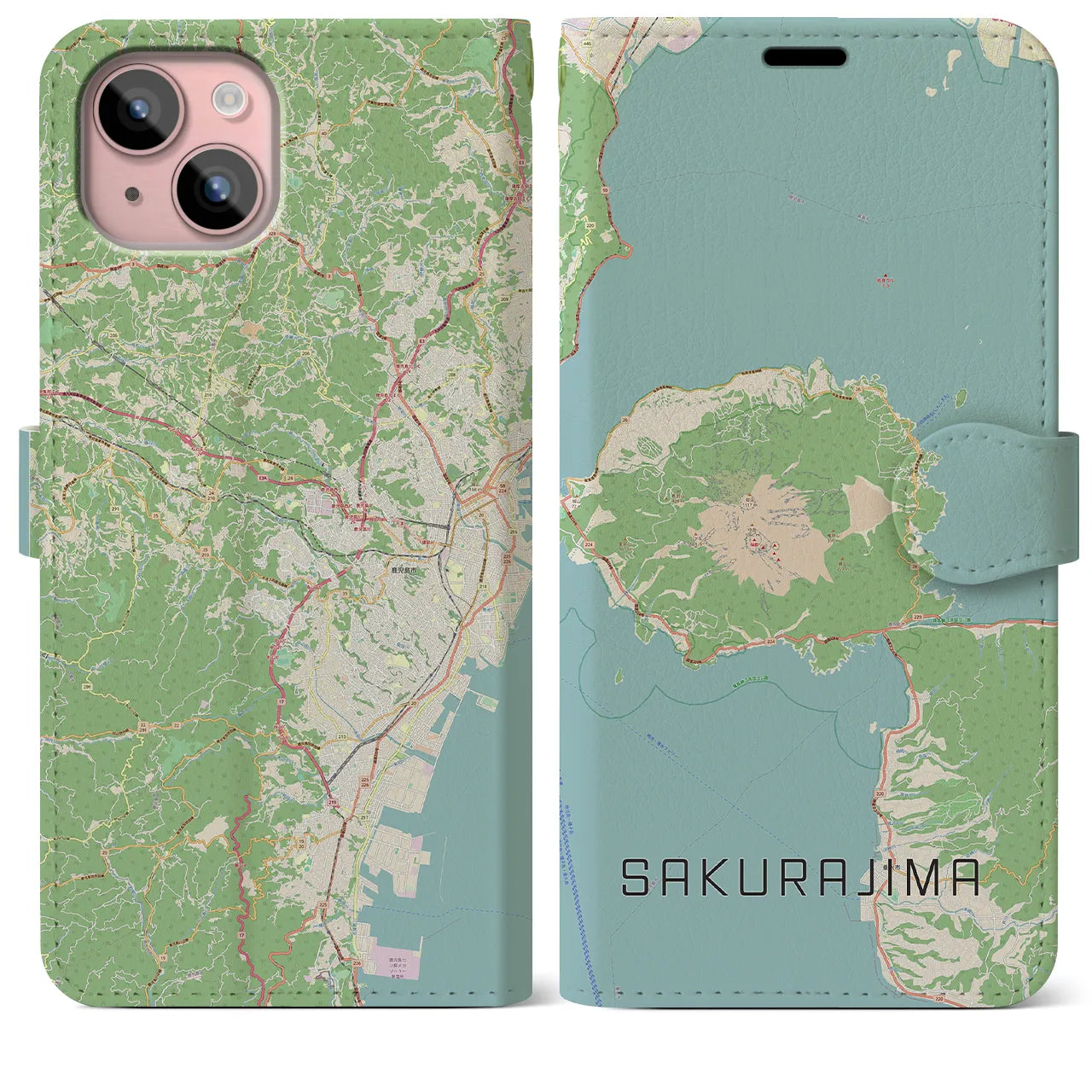【桜島(鹿児島県)】地図柄iPhoneケース(手帳タイプ)ナチュラル・iPhone 15 Plus 用