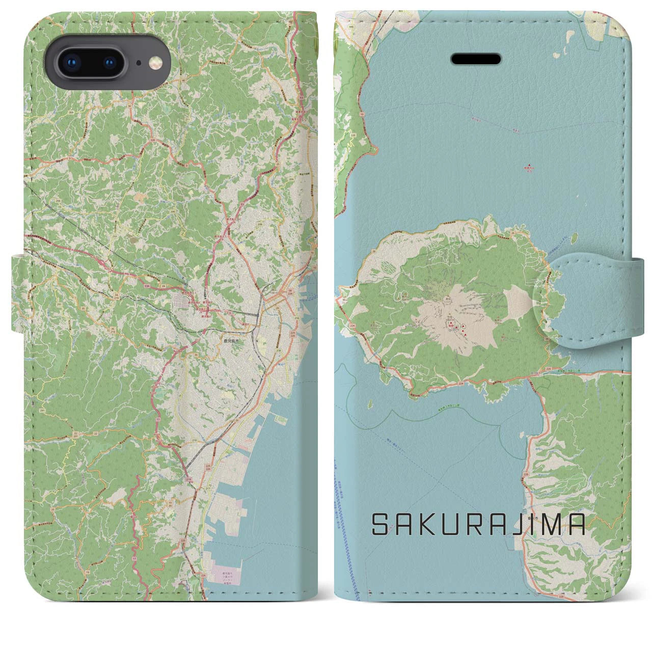 【桜島(鹿児島県)】地図柄iPhoneケース(手帳タイプ)ナチュラル・iPhone 8Plus /7Plus / 6sPlus / 6Plus 用