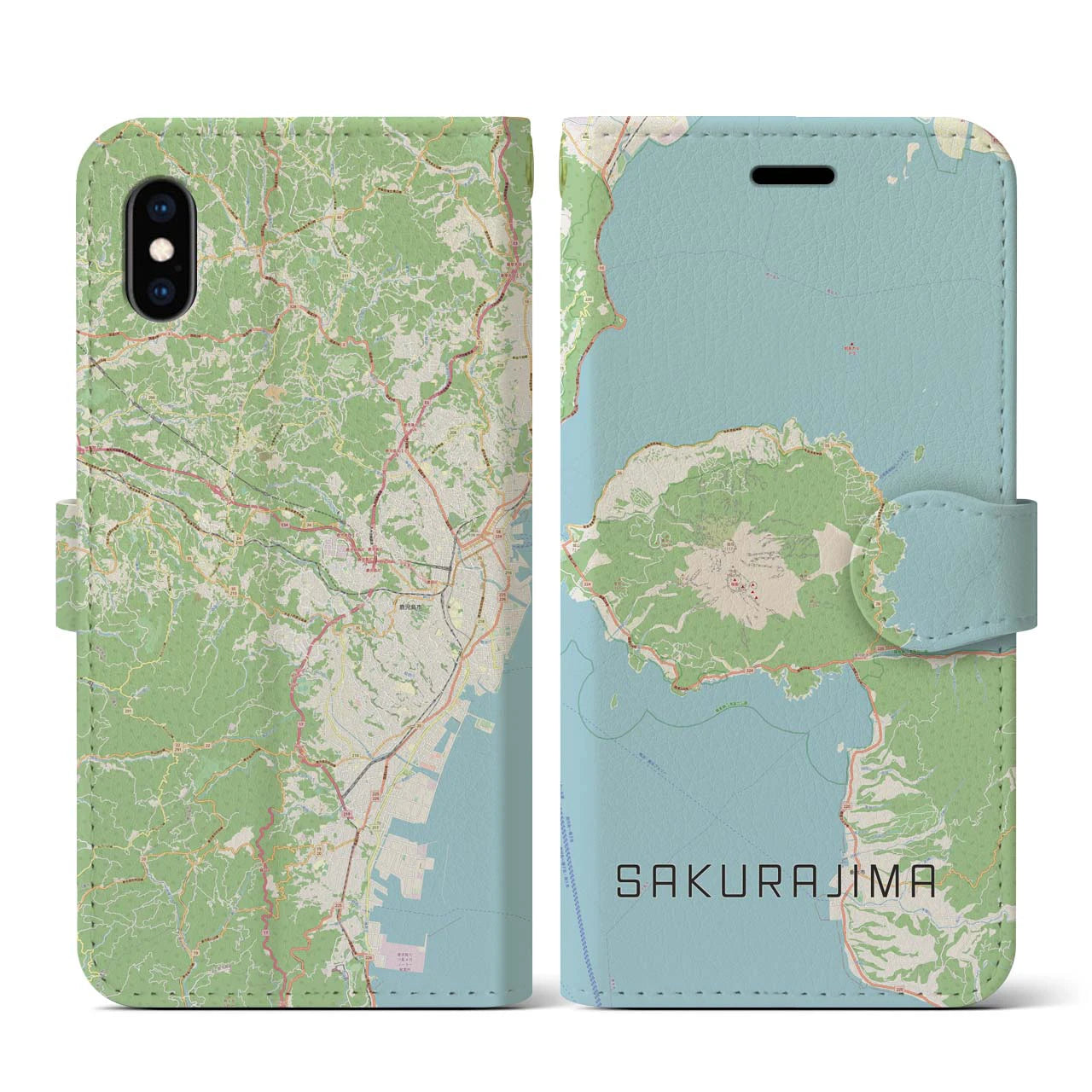 【桜島(鹿児島県)】地図柄iPhoneケース(手帳タイプ)ナチュラル・iPhone XS / X 用