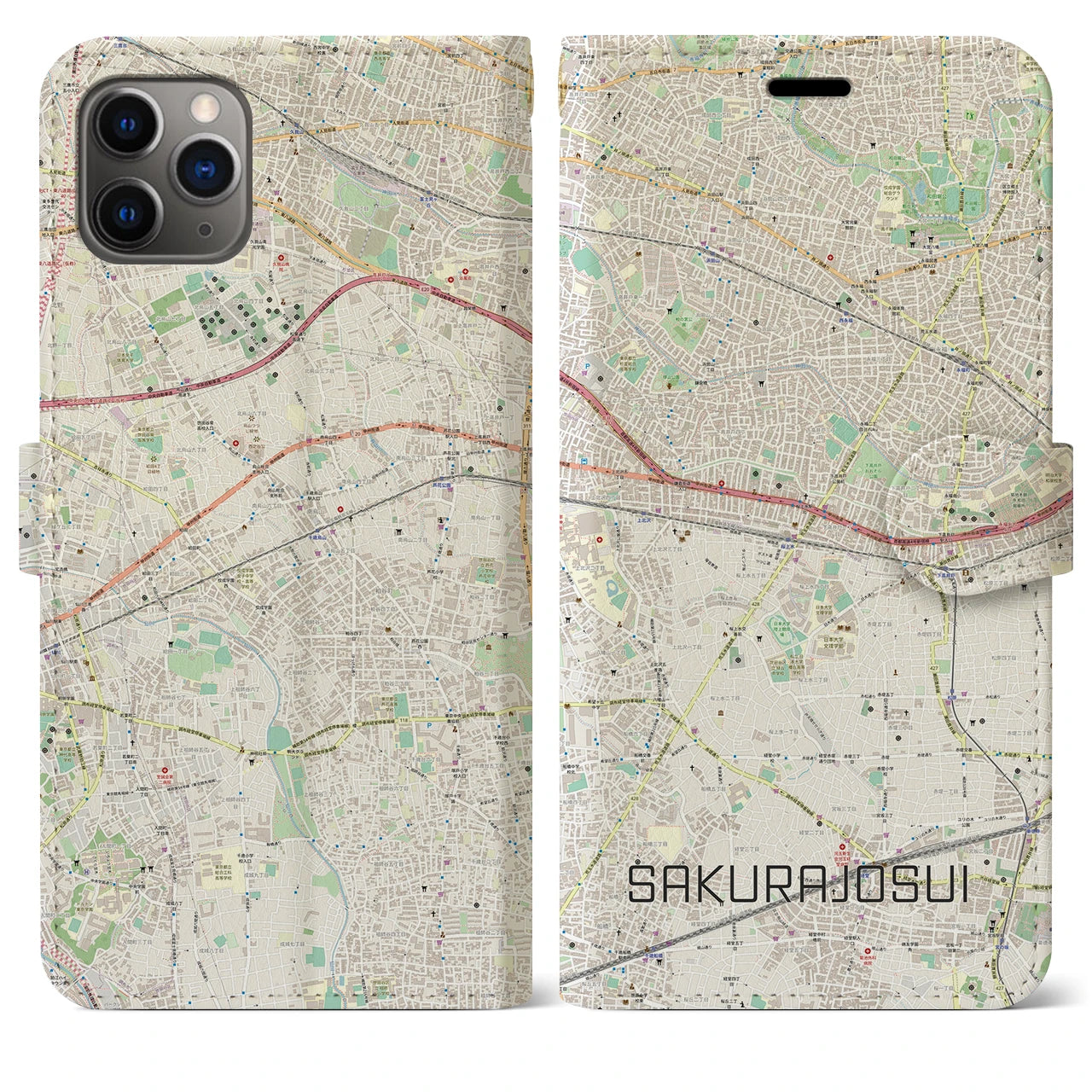 【桜上水(東京都)】地図柄iPhoneケース(手帳タイプ)ナチュラル・iPhone 11 Pro Max 用