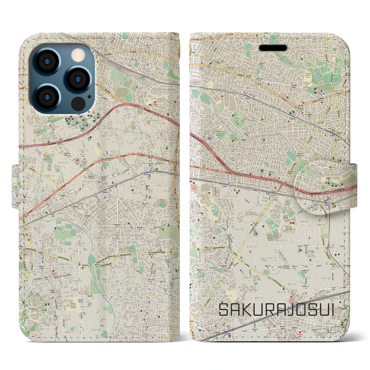 【桜上水(東京都)】地図柄iPhoneケース(手帳タイプ)ナチュラル・iPhone 12 / 12 Pro 用
