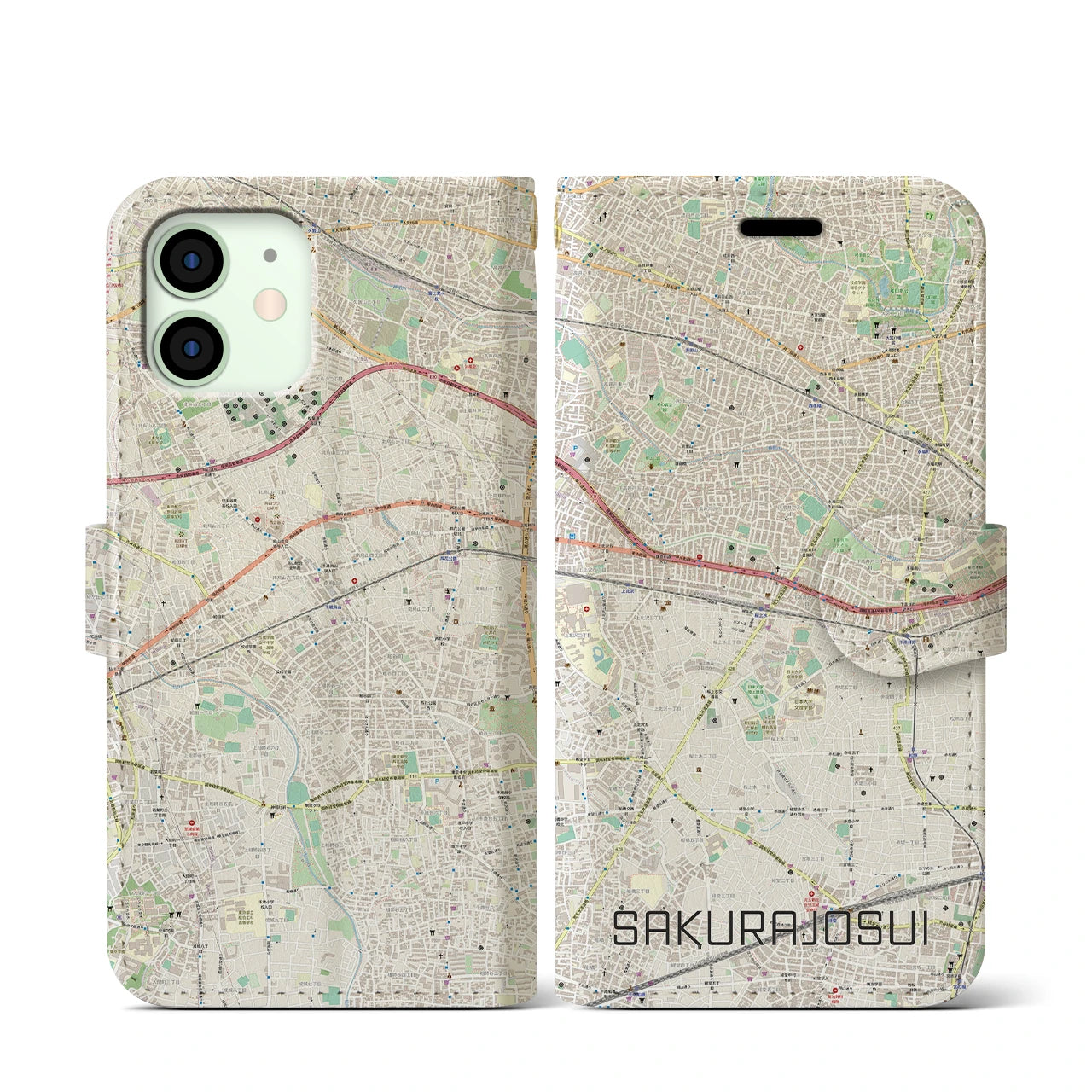 【桜上水(東京都)】地図柄iPhoneケース(手帳タイプ)ナチュラル・iPhone 12 mini 用