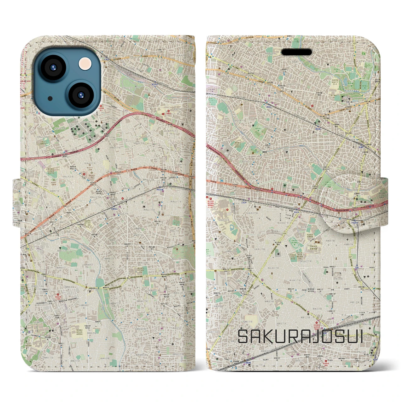 【桜上水(東京都)】地図柄iPhoneケース(手帳タイプ)ナチュラル・iPhone 13 用
