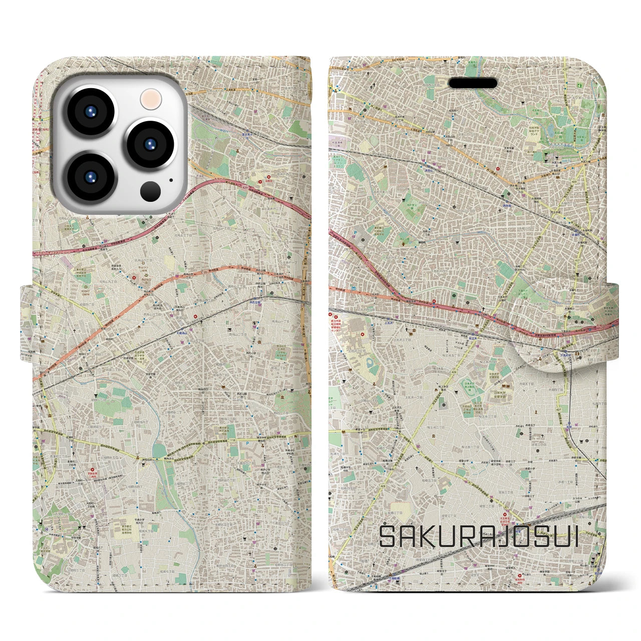 【桜上水(東京都)】地図柄iPhoneケース(手帳タイプ)ナチュラル・iPhone 13 Pro 用