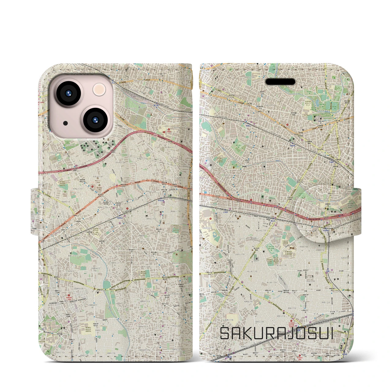 【桜上水(東京都)】地図柄iPhoneケース(手帳タイプ)ナチュラル・iPhone 13 mini 用