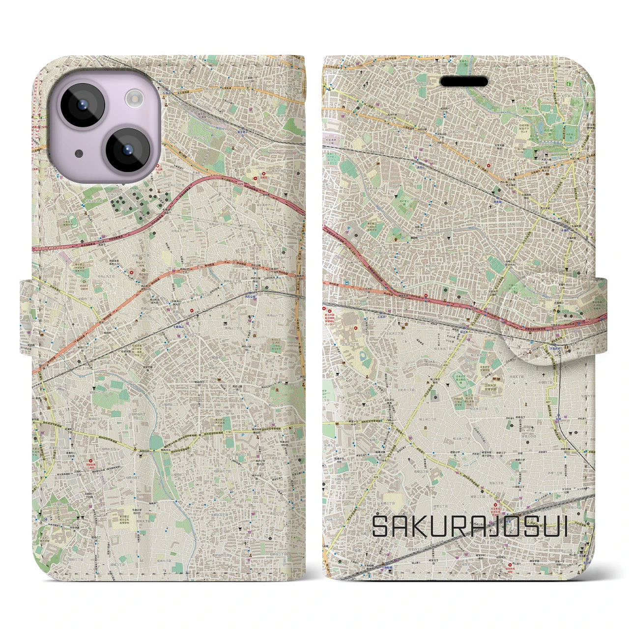 【桜上水(東京都)】地図柄iPhoneケース(手帳タイプ)ナチュラル・iPhone 14 用