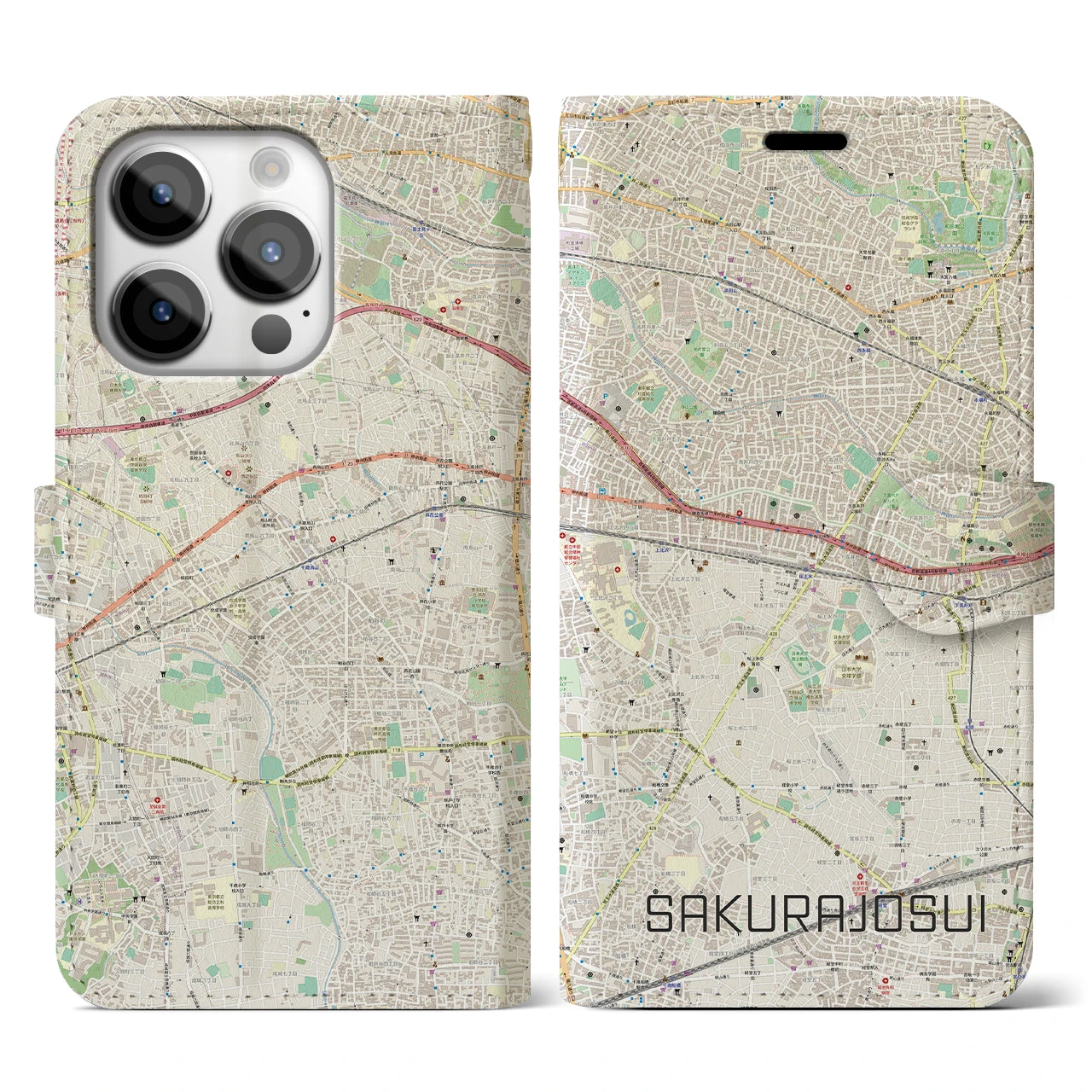 【桜上水(東京都)】地図柄iPhoneケース(手帳タイプ)ナチュラル・iPhone 14 Pro 用