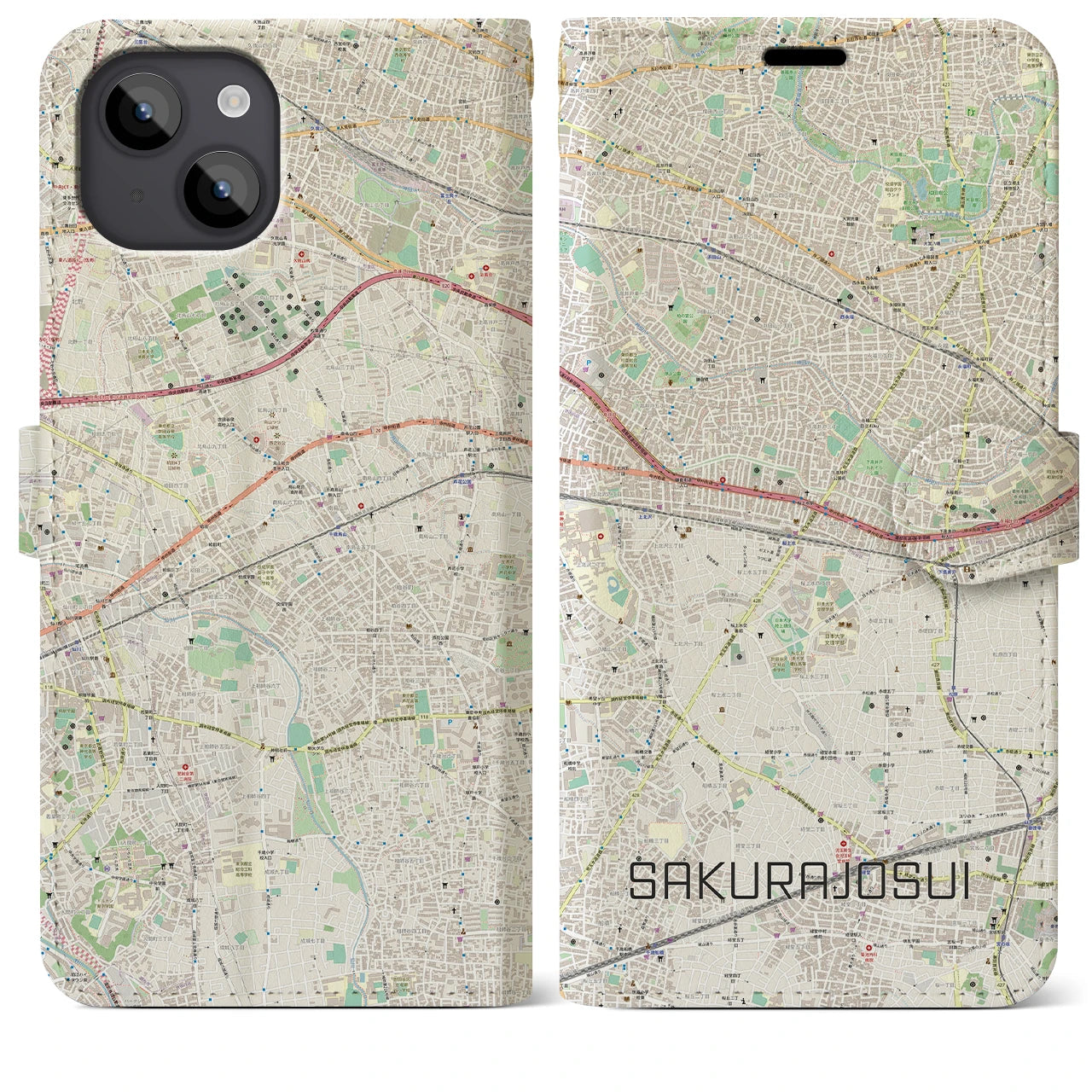 【桜上水(東京都)】地図柄iPhoneケース(手帳タイプ)ナチュラル・iPhone 14 Plus 用