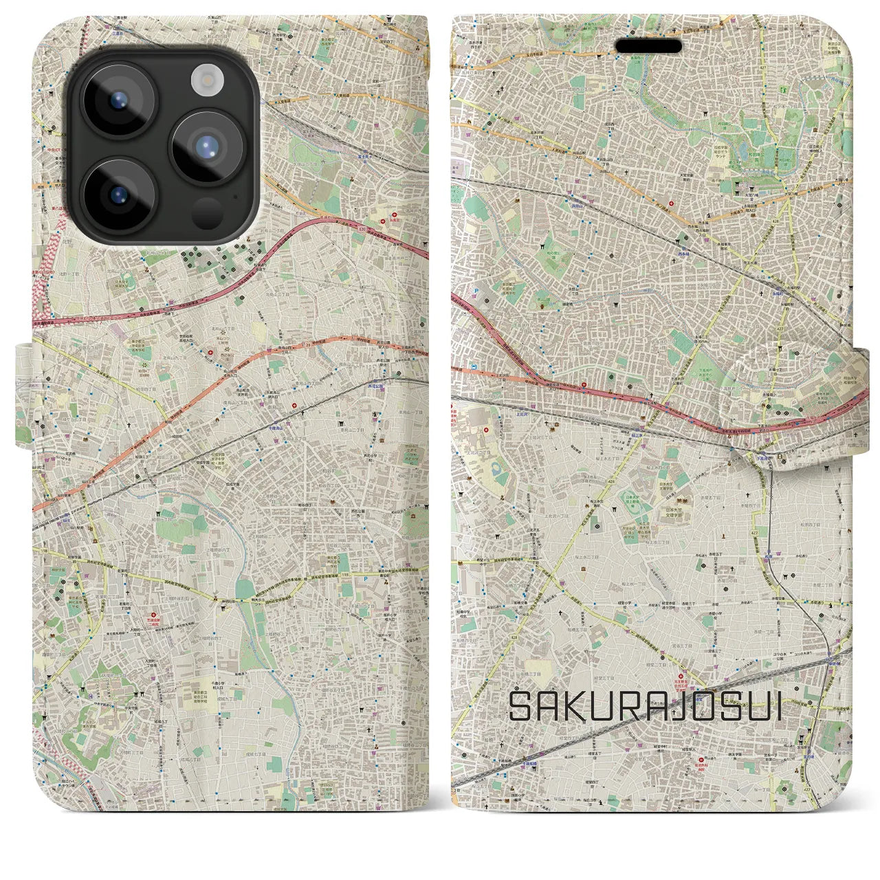 【桜上水(東京都)】地図柄iPhoneケース(手帳タイプ)ナチュラル・iPhone 15 Pro Max 用