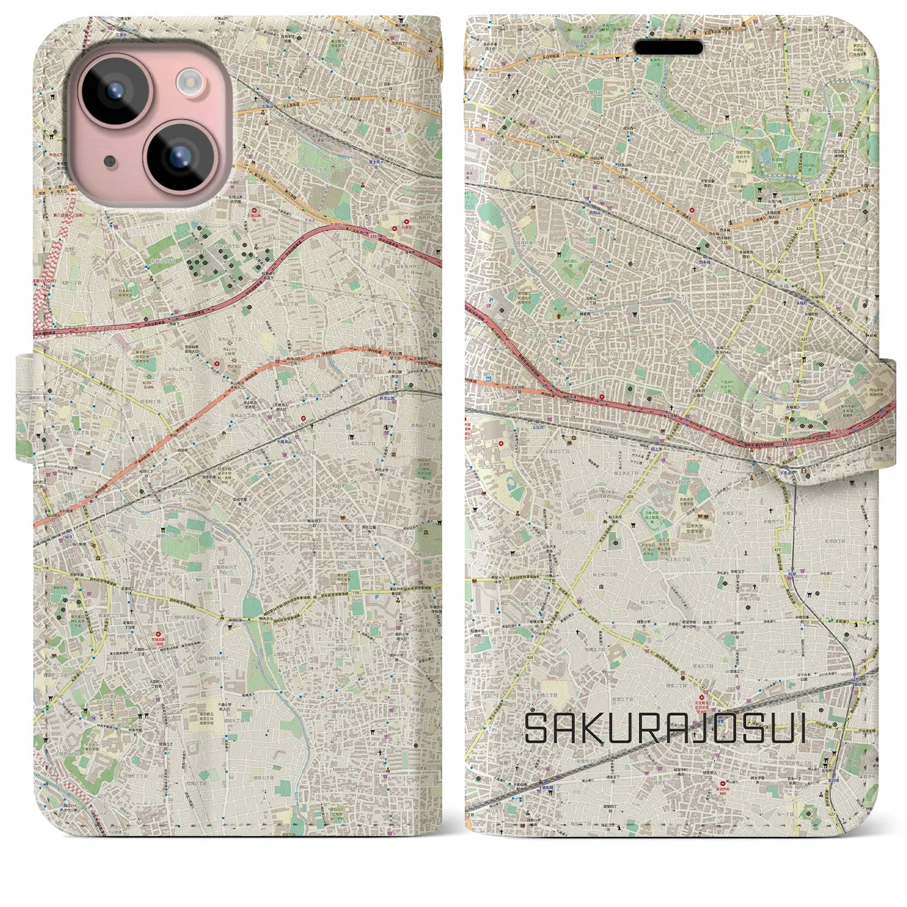 【桜上水(東京都)】地図柄iPhoneケース(手帳タイプ)ナチュラル・iPhone 15 Plus 用