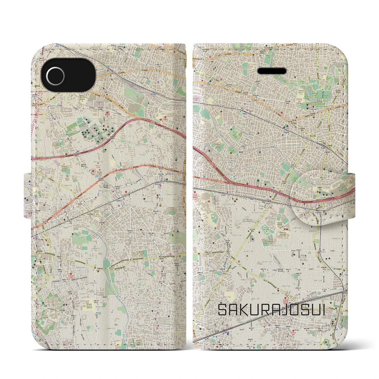 【桜上水(東京都)】地図柄iPhoneケース(手帳タイプ)ナチュラル・iPhone SE(第3 / 第2世代) / 8 / 7 / 6s / 6 用