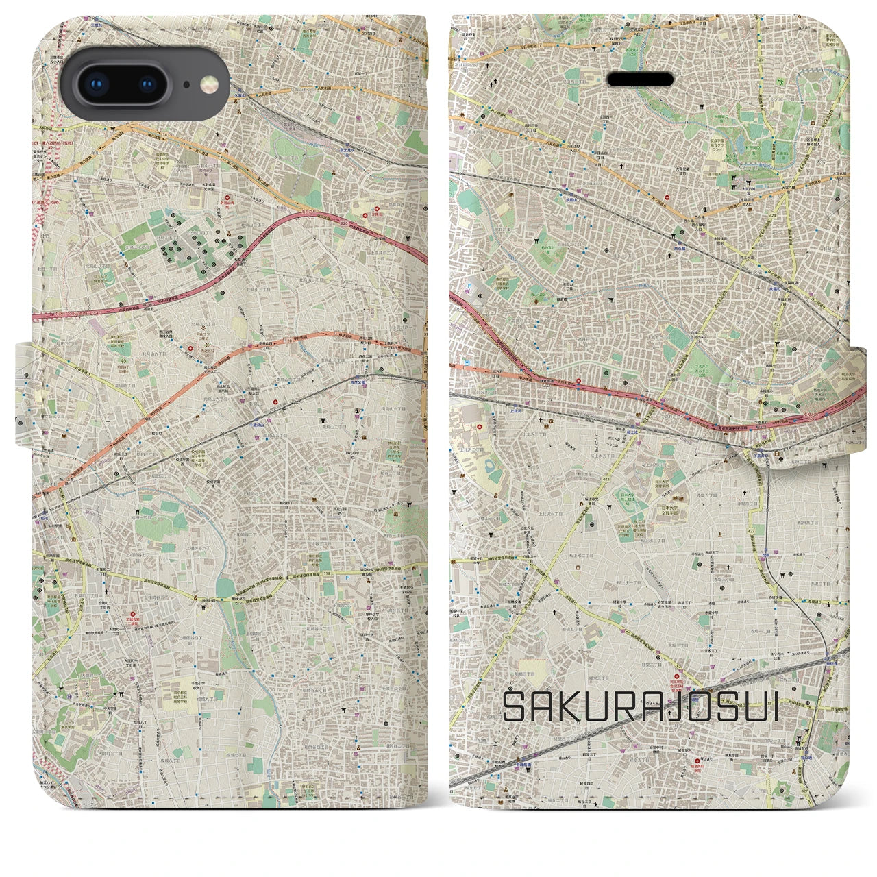 【桜上水(東京都)】地図柄iPhoneケース(手帳タイプ)ナチュラル・iPhone 8Plus /7Plus / 6sPlus / 6Plus 用