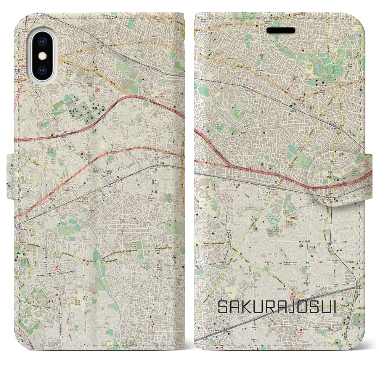 【桜上水(東京都)】地図柄iPhoneケース(手帳タイプ)ナチュラル・iPhone XS Max 用
