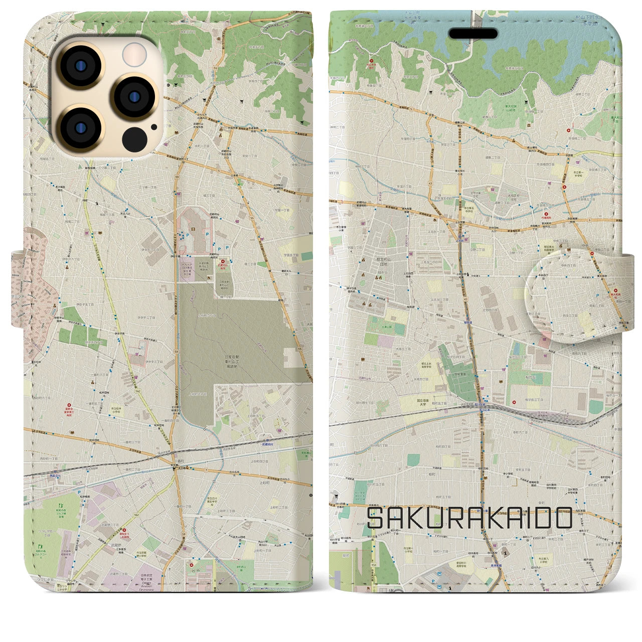 【桜街道(東京都)】地図柄iPhoneケース(手帳タイプ)ナチュラル・iPhone 12 Pro Max 用