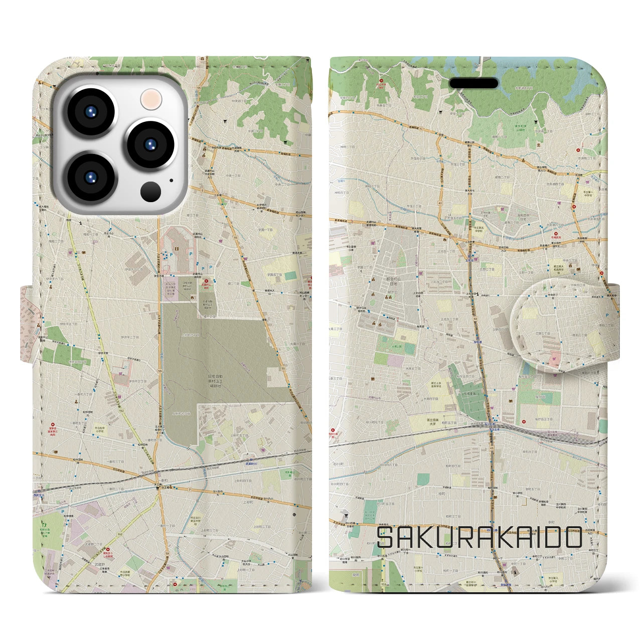 【桜街道(東京都)】地図柄iPhoneケース(手帳タイプ)ナチュラル・iPhone 13 Pro 用