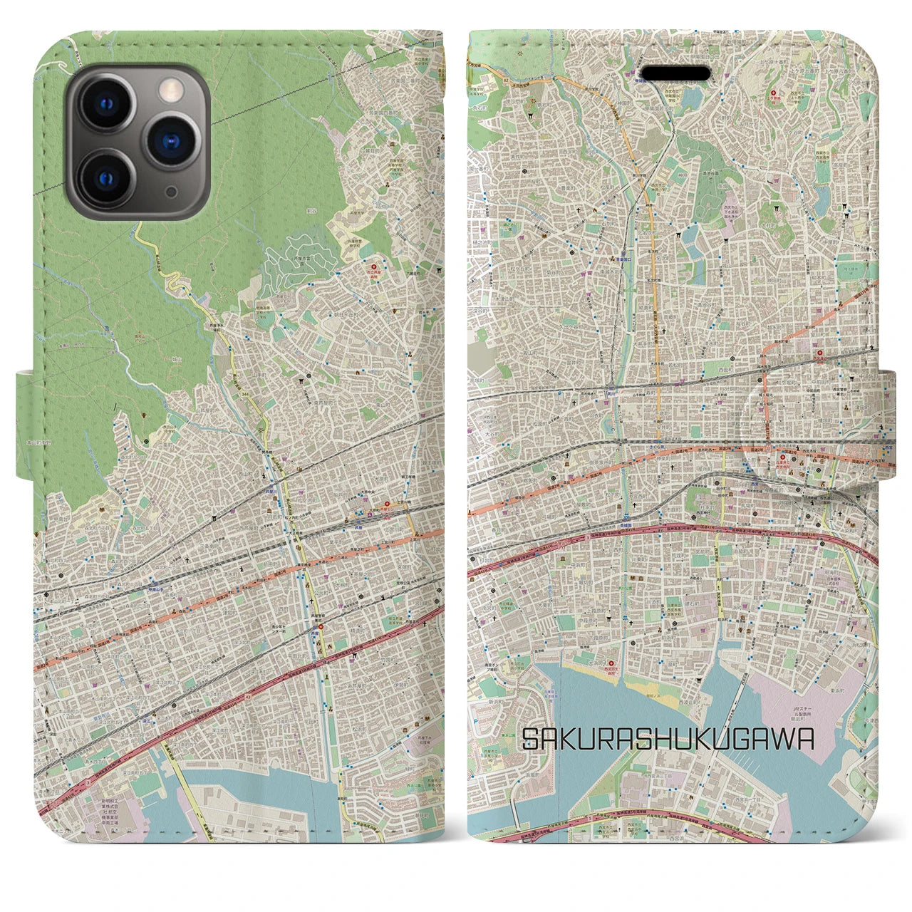 【さくら夙川(兵庫県)】地図柄iPhoneケース(手帳タイプ)ナチュラル・iPhone 11 Pro Max 用