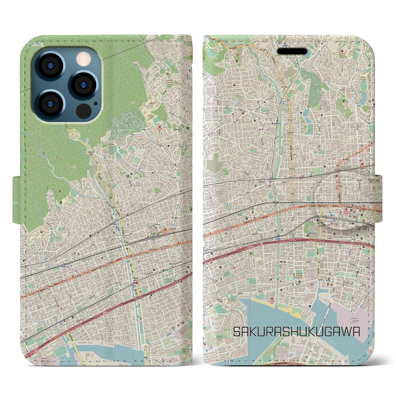 【さくら夙川(兵庫県)】地図柄iPhoneケース(手帳タイプ)ナチュラル・iPhone 12 / 12 Pro 用