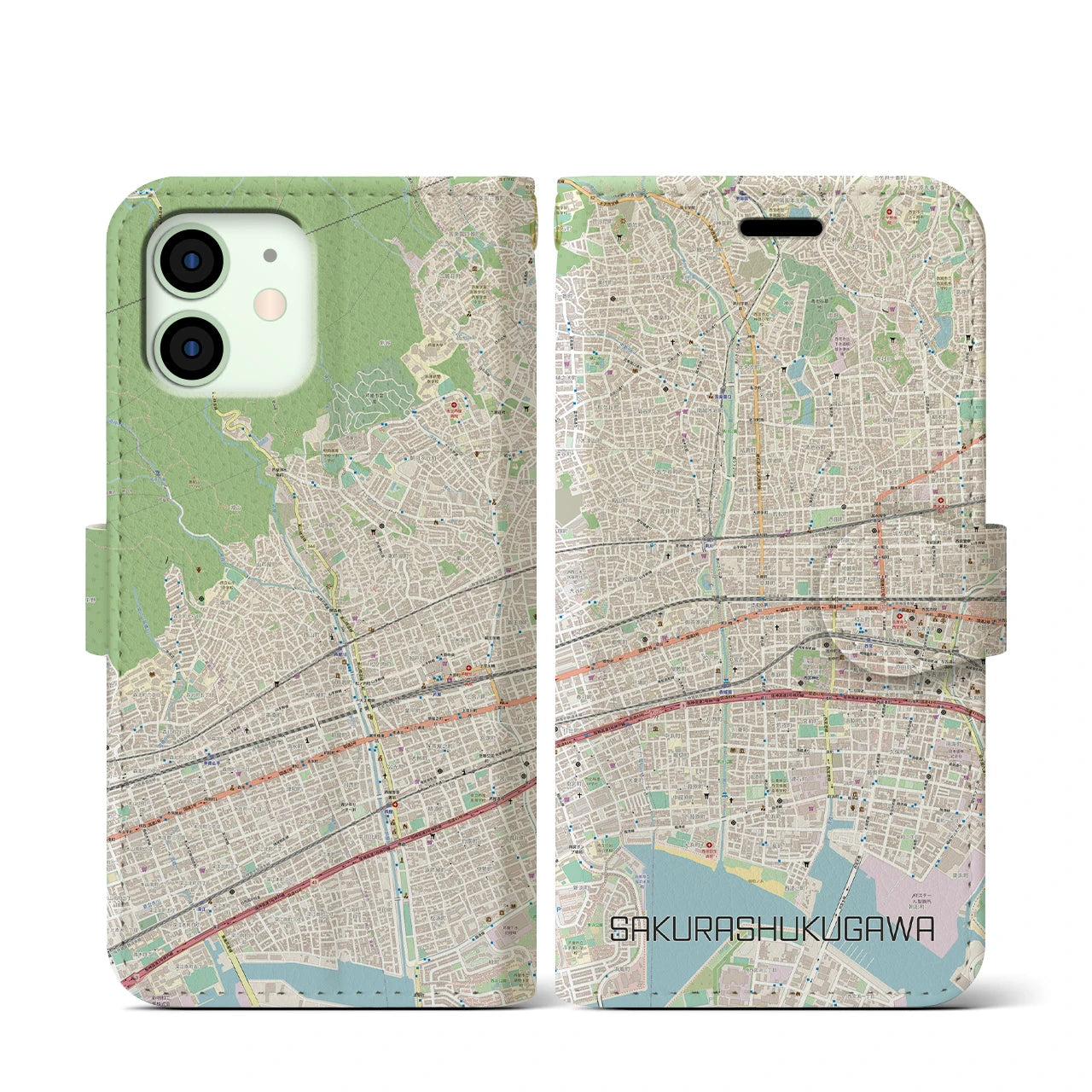 【さくら夙川(兵庫県)】地図柄iPhoneケース(手帳タイプ)ナチュラル・iPhone 12 mini 用