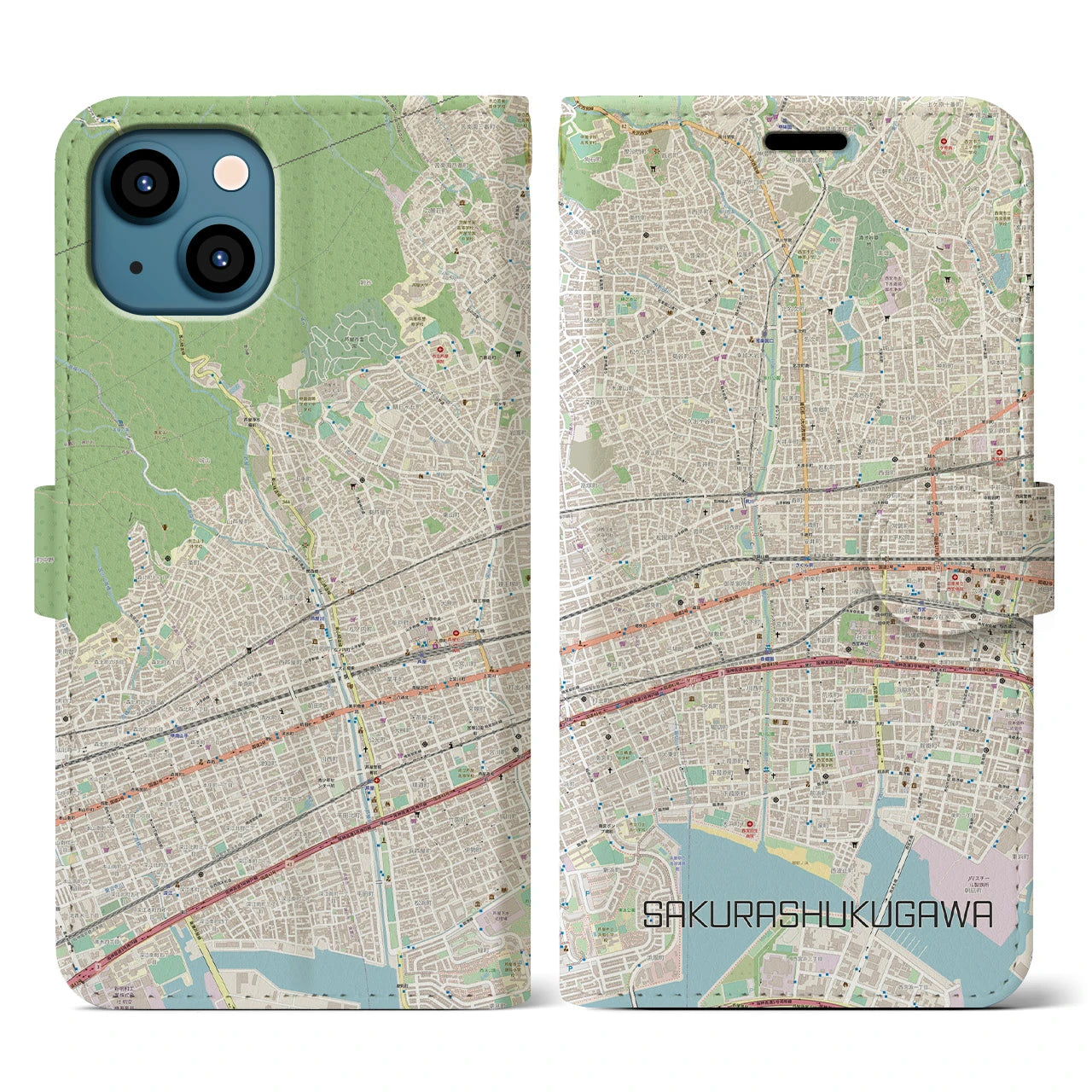 【さくら夙川(兵庫県)】地図柄iPhoneケース(手帳タイプ)ナチュラル・iPhone 13 用