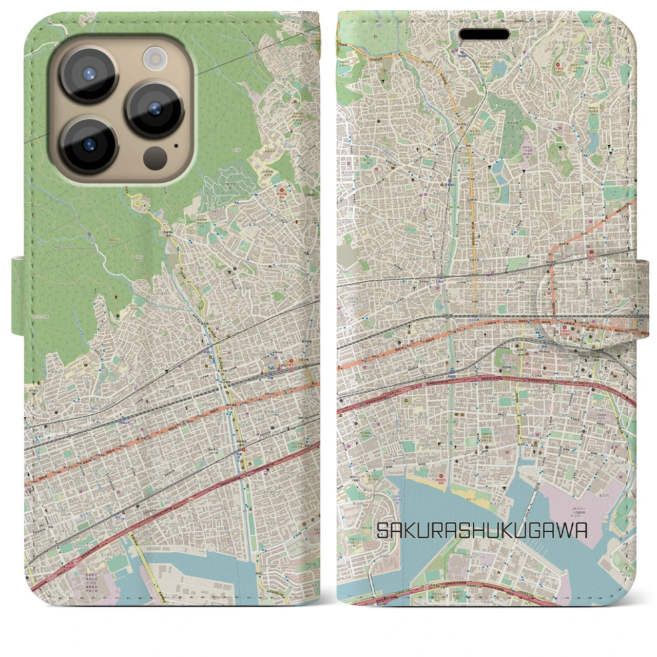 【さくら夙川(兵庫県)】地図柄iPhoneケース(手帳タイプ)ナチュラル・iPhone 14 Pro Max 用